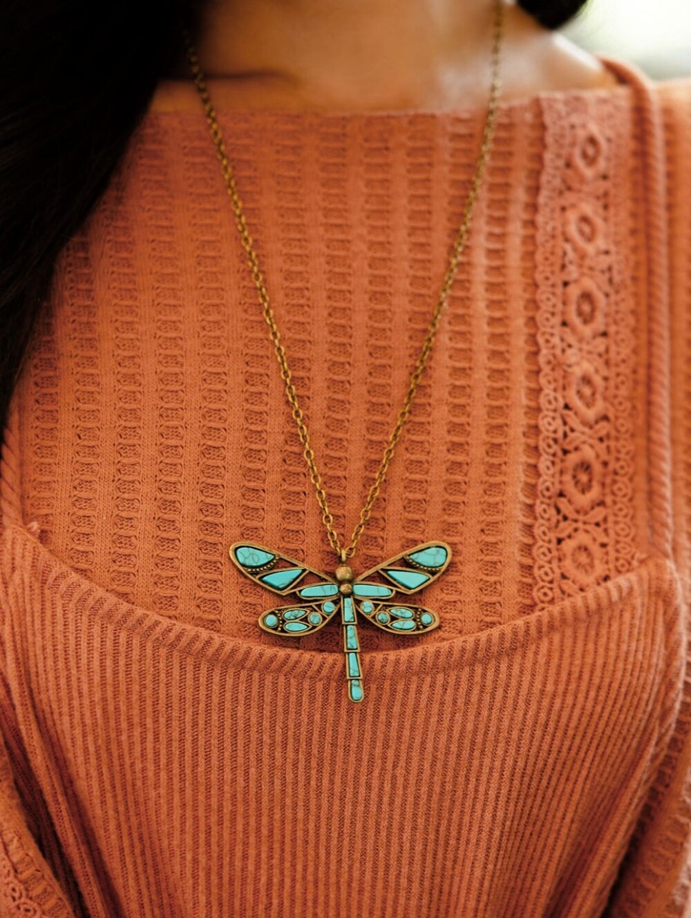 paparazzi Gold-Tone Dragonfly Necklace with Turquoise Inlays